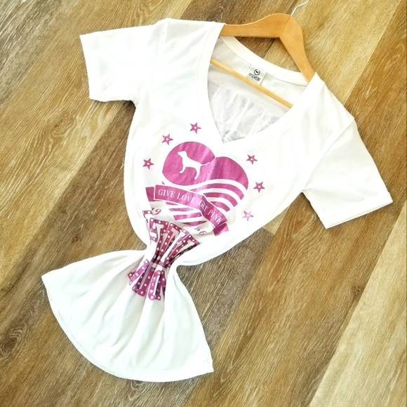 Victoria's Secret PINK Vintage Rhinestone Crystal Give Love V Neck Tee Shirt EUC - Picture 8 of 9